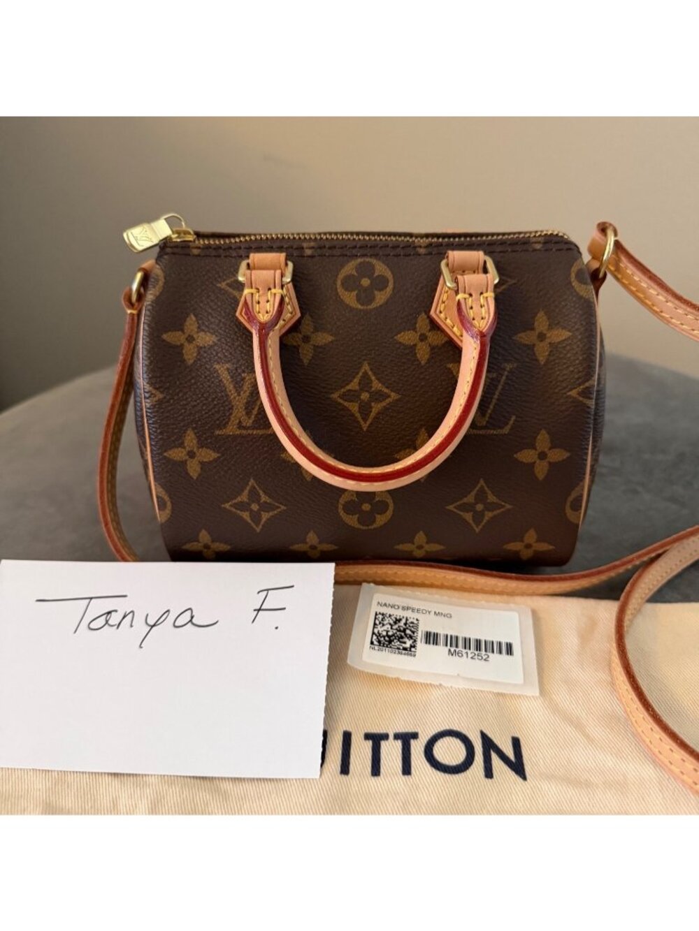 EUC Louis Vuitton Nano Speedy in Brown Monogram Canvas Top Handle, Crossbody